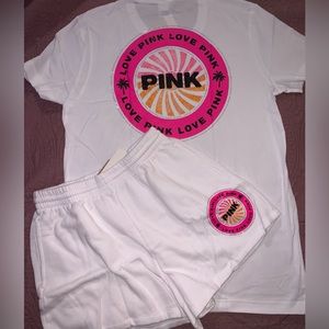 VS Pink TROPICAL SET White Campus Tee & Matching 3.5” Shorts BLING VS sold out